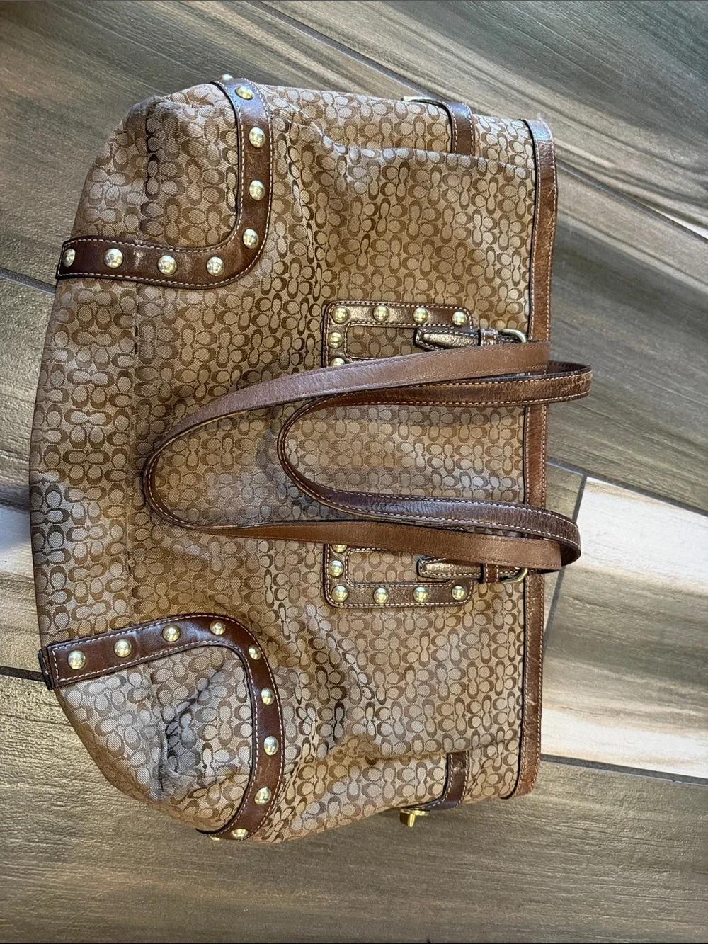 Vintage Coach Tan/Brown Signature Canvas Tote with Studded Leather Trim